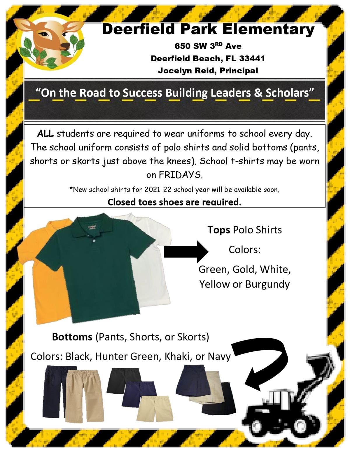 school uniforms, green, golden rod yellow, white, and burgundy shirts.  Navy, black or Khaki pants.